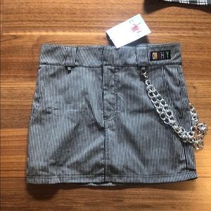 Pinstripe tight mini skirt with removable chain